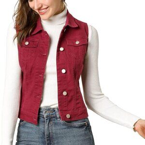 Women's Buttoned Washed Denim Vest Jacket W Chest Flap Pockets
